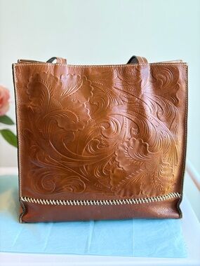Patricia Nash Tan Embossed Leather Tote with Floral Swirl